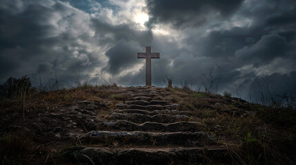 holy saturday cross on top of mountain with sky background	
