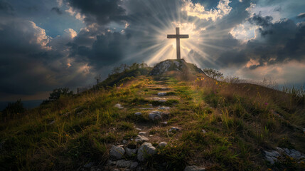 holy saturday cross on top of mountain with sky background	
