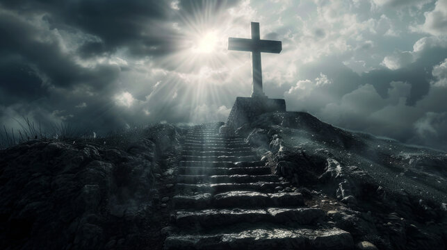 holy saturday cross on top of mountain with sky background	
