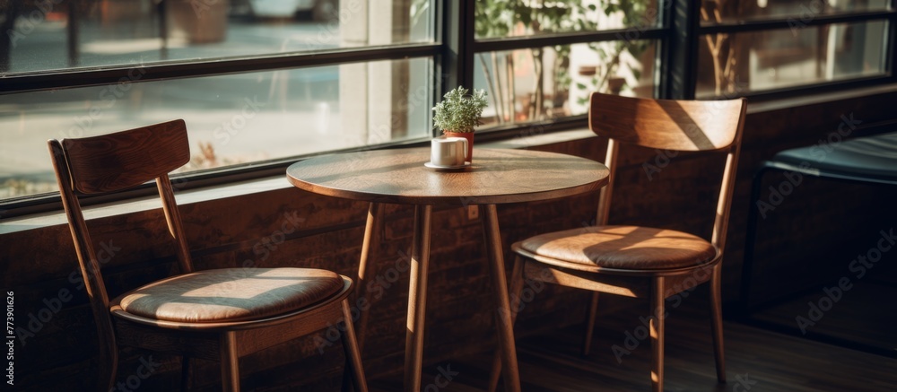 Poster wooden chairs and a small table are placed in front of a large window with a view outside