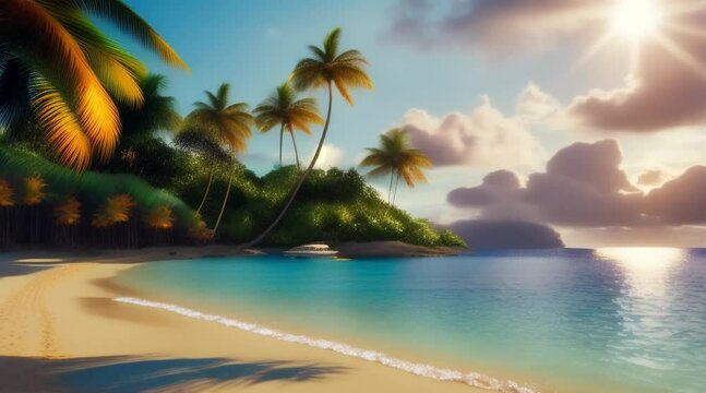 animation, motion effect island surrounded by crystal-clear turquoise waters, palm trees swaying in the warm breeze, and the sun painting the sky, 60fps 8sec. 