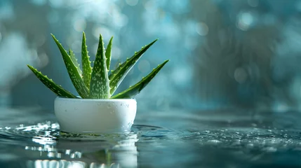 Tuinposter An Aloe vera plant, symbolizing natural healing, is artfully positioned next to a water-covered podium, offering a refreshing and organic background suited for natural cosmetic designs © arhendrix
