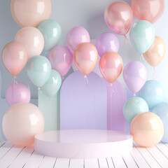 Birthday background with a pedestal and balloons