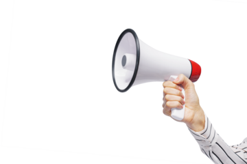 A woman with a megaphone isolated on free PNG Background. Promotion, action, ad, job questions, discussion. Vacancy. Business concept, communication, information, news, team media relations.