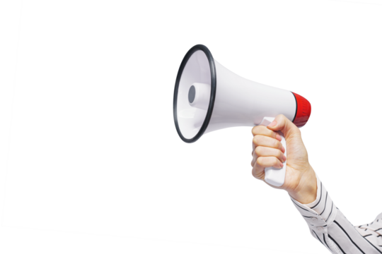 A woman with a megaphone isolated on free PNG Background. Promotion, action, ad, job questions, discussion. Vacancy. Business concept, communication, information, news, team media relations.