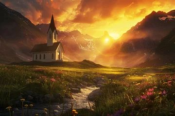 Fotobehang Sunset Serenity A Church in the Mountains Generative AI © Bipul Kumar