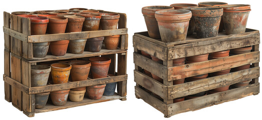 Wooden crates filled with old terracotta flower pots