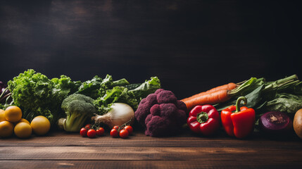 Fresh vegetables. Vegetarian ingredients for cooking on dark rustic wooden background - 773903243