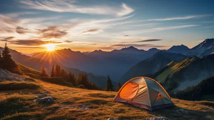 Foto op Plexiglas Camping tent high in the mountains. tourist tent camping in mountains at sunset © Pakhnyushchyy