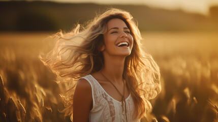 Portrait of calm happy smiling free woman with closed eyes - 773903292