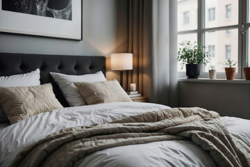 Modernes skandinavisches Schlafzimmer mit urbanem Flair und Pflanzendekor - obrazy, fototapety, plakaty