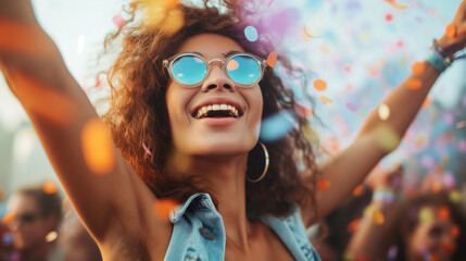 Happy woman having fun while attending open air music concert. Girl dancing at the concert and having a good time at an open air venue. Summer holiday, vacation concept. Generative AI. 