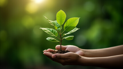 Hand holdig tree growing on green background. Eco earth day concept. - 773903451