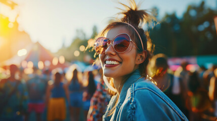 Happy woman having fun while attending open air music concert. Girl dancing at the concert and having a good time at an open air venue. Summer holiday, vacation concept. Generative AI.  - obrazy, fototapety, plakaty