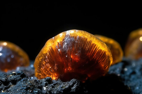 Cacoxenite fossil mineral stone. Geological crystalline fossil. Dark background close-up.