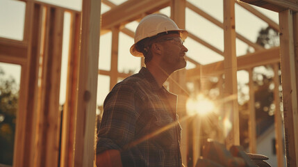 Caucasian contractor inspecting wood frame, busy site background, soft early light, front shot, - obrazy, fototapety, plakaty