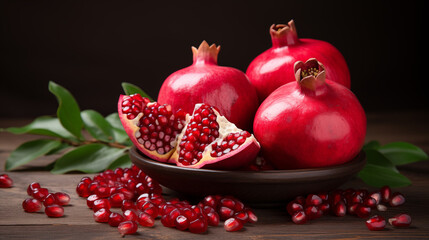 Fresh ripe pomegranate with green leaves isolated on blak background.