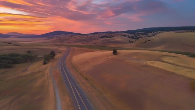The open highway winds through rolling hills and golden fields a perfect backdrop for the colorful sunset that paints the sky in oranges . AI generation.