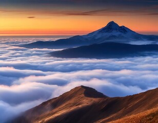 Stunning view of a mountain peak rising above a sea of clouds during a sunrise temperature inversion