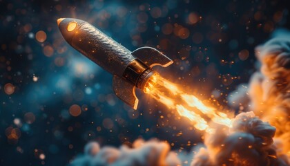A rocket is flying through the sky with a bright orange flame trailing it by AI generated image - obrazy, fototapety, plakaty