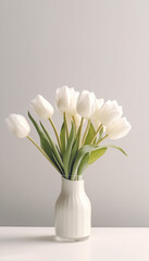 photo of white tulips in a vase against a solid background