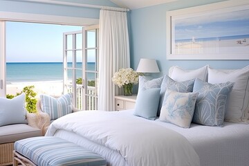 Ocean Breeze Bliss: Dreamy Beachfront Bedroom with Light Blue Walls and Sea-inspired Decor