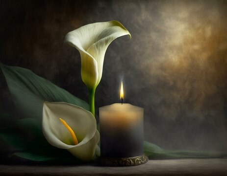 Elegant calla lilies beside a glowing candle with a moody backdrop