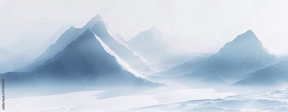 Poster snowy mountain range in foggy conditions generative ai