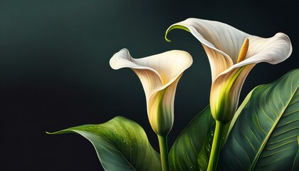 Artistic depiction of beautiful white calla lilies with vibrant green leaves against a dark backdrop