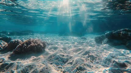 Serene underwater scene with sunlight peering through the ocean surface