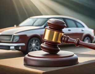 Close-up of a judge's gavel with a car in the background conveying legal automotive issues or car auction