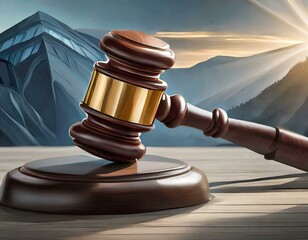 Artistic illustration of a judge's gavel with a sunrise and mountains in the background - obrazy, fototapety, plakaty