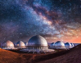 Obraz premium Futuristic domed habitats on mars against a backdrop of the milky way galaxy at night