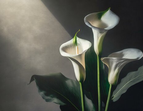 Realistic depiction of white calla lilies against a dark background with space for text on the left