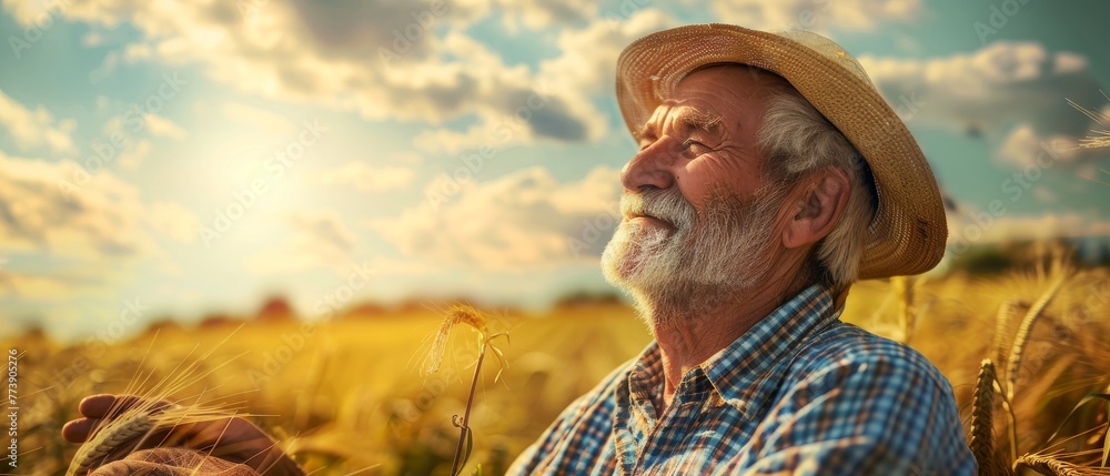 Poster In the field, a senior farmer holds his crop