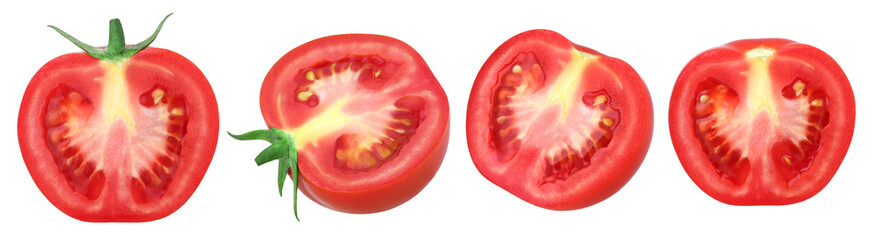 half tomato with leaves isolated, transparent PNG, PNG format, juicy, cut out, collection, set