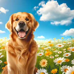 happy golden retriever sitting in a sunny meadow full of daisies.