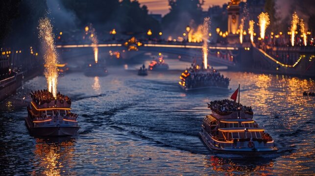 Water parade for opening of the Olympic Games in Paris, river with decorated boats and crowds cheering on the riverbanks during evening time
