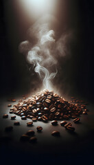 freshly roasted coffee beans emanating steam.