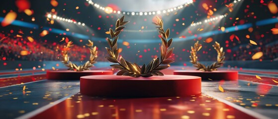 Golden laurel wreaths on podiums with confetti, Olympic victory ceremony event.