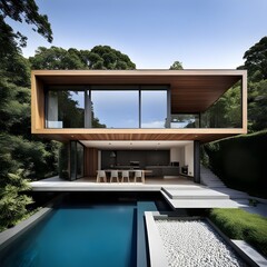 beautiful modern architect house with different floors located and pool in the garden 