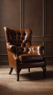 A leather armchair is featured against an empty earthy brown wall in the living room.