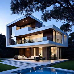 beautiful modern architect house with different floors located and pool in the garden 