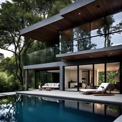 beautiful modern architect house with different floors located and pool in the garden 