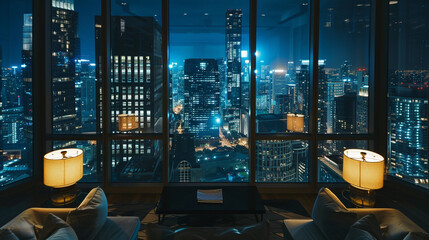A panoramic view of a cityscape at night from a luxury hotel room, capturing the blend of business and leisure that defines modern corporate travel. - obrazy, fototapety, plakaty