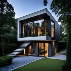 beautiful modern architect house with different floors located and pool in the garden 