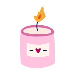 Cute hand drawn clipart of burning aroma candle with label. Trendy wax candle for spa therapy, relaxation, romance, hygge home decoration. Simple doodle isolated on white.
