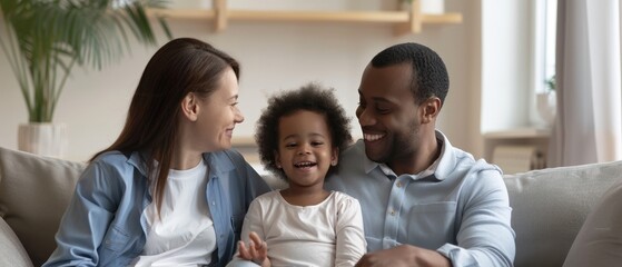 A multi-ethnic happy family sits together on the sofa in the living room. Good parents enjoy free time at the new home with their adorable preschooler. Mortgage or moving loan concept.