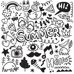 Eclectic Summer Doodles and Cute Characters Vector.