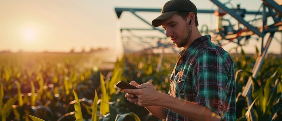 Inspecting and tuning an irrigation center pivot sprinkler system on a smartphone while working in a cornfield. - obrazy, fototapety, plakaty